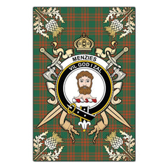 Menzies Green Ancient Tartan Crest Black Garden Flag - Gold Thistle Style