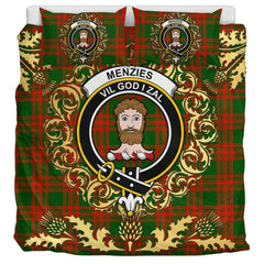 Menzies Green Modern Tartan Crest Bedding Set - Golden Thistle Style