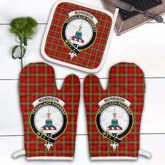 Morrison Red Modern Tartan Crest Oven Mitt And Pot Holder (2 Oven Mitts + 1 Pot Holder)
