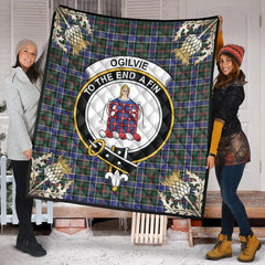 Ogilvie Hunting Modern Tartan Crest Premium Quilt - Gold Thistle Style