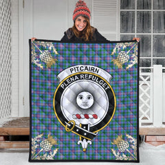 Pitcairn Hunting Tartan Crest Premium Quilt - Gold Thistle Style