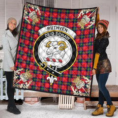 Ruthven Modern Tartan Crest Premium Quilt - Gold Thistle Style