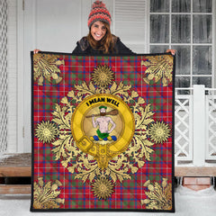 Shaw Red Modern Tartan Crest Premium Quilt - Gold Thistle Style