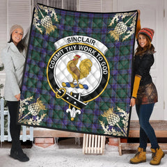 Sinclair Hunting Modern Tartan Crest Premium Quilt - Gold Thistle Style