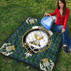 Stewart Hunting Modern Tartan Crest Premium Quilt - Gold Thistle Style