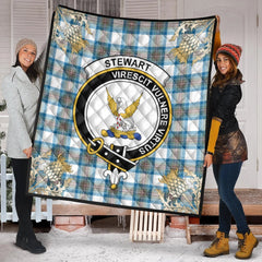 Stewart Muted Blue Tartan Crest Premium Quilt - Gold Thistle Style
