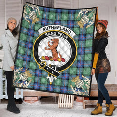 Sutherland Old Ancient Tartan Crest Premium Quilt - Gold Thistle Style