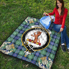 Sutherland Old Ancient Tartan Crest Premium Quilt - Gold Thistle Style