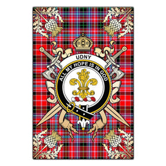Udny Tartan Crest Black Garden Flag - Gold Thistle Style