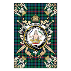 Urquhart Broad Red Ancient Tartan Crest Black Garden Flag - Gold Thistle Style