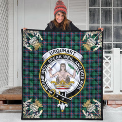 Urquhart Broad Red Ancient Tartan Crest Premium Quilt - Gold Thistle Style