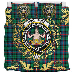 Urquhart Broad Red Ancient Tartan Crest Bedding Set - Golden Thistle Style