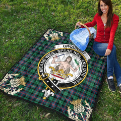 Urquhart Broad Red Ancient Tartan Crest Premium Quilt - Gold Thistle Style
