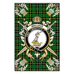 Wallace Hunting Green Tartan Crest Black Garden Flag - Gold Thistle Style