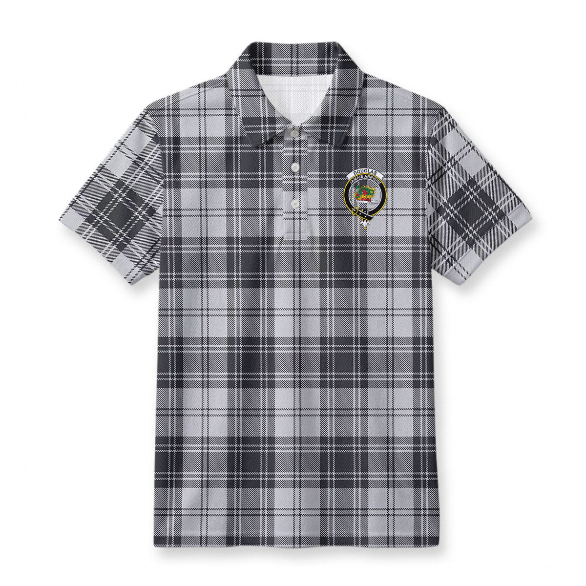 Douglas Grey Modern Tartan Crest Birdseye Mesh Polo Shirt