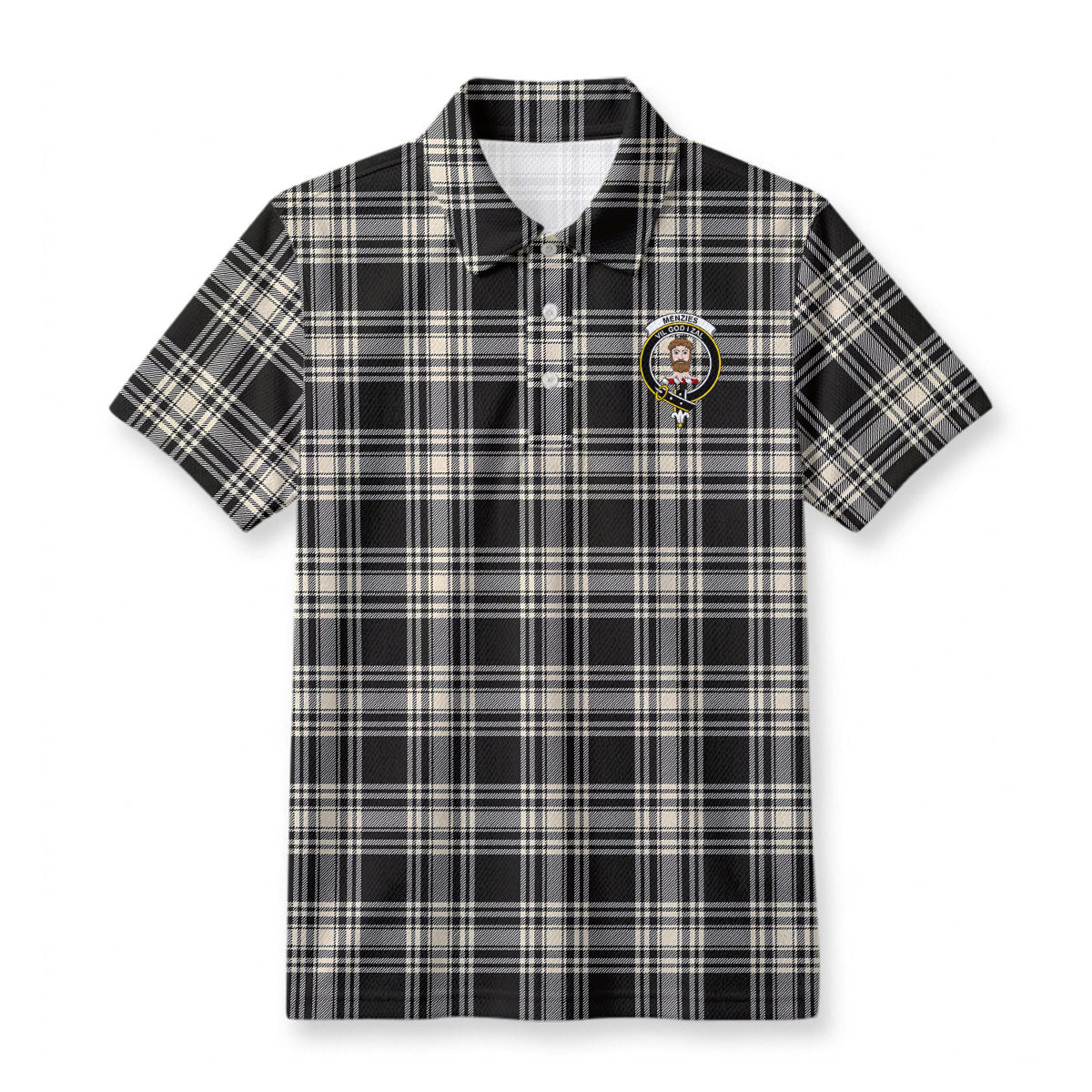 Menzies Black - White Ancient Tartan Crest Birdseye Mesh Polo Shirt