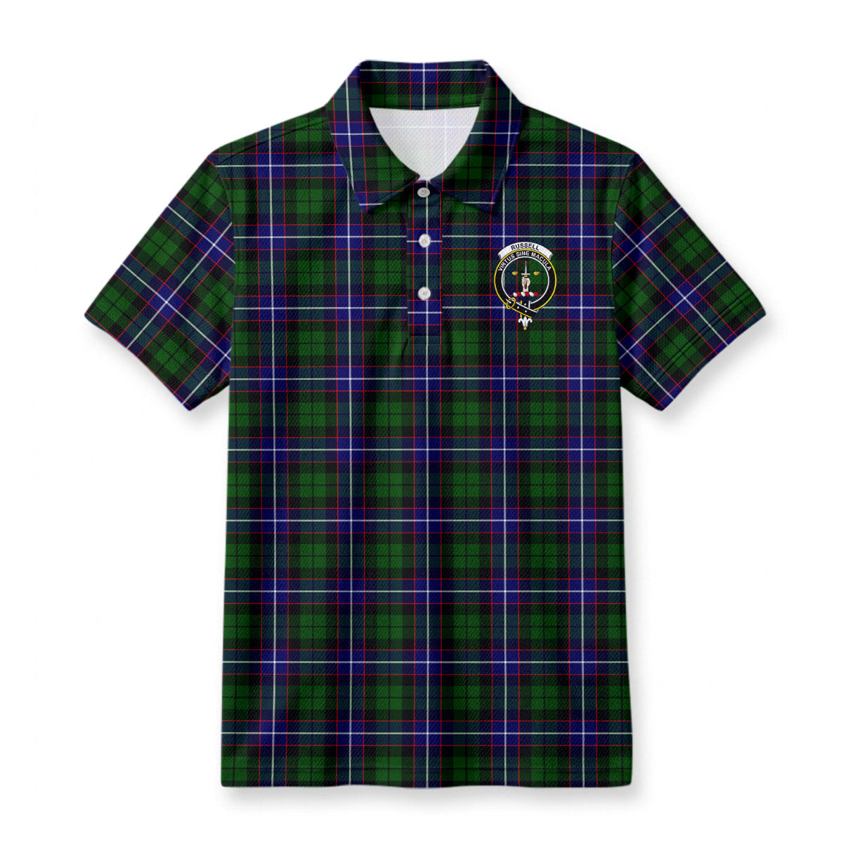 Russell Modern Tartan Crest Birdseye Mesh Polo Shirt