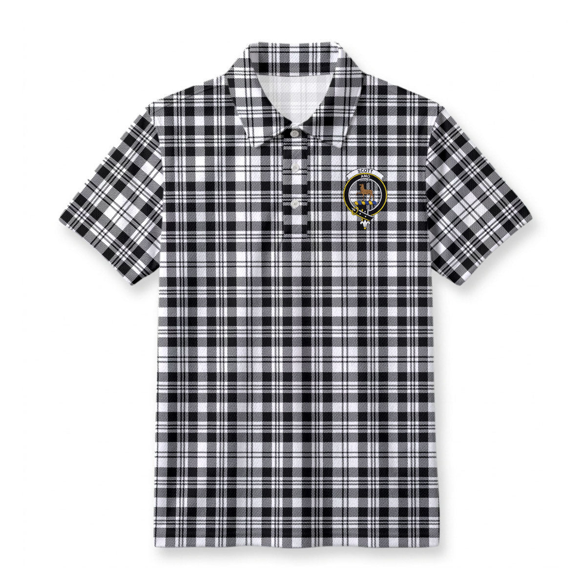 Scott Black & White Modern Tartan Crest Birdseye Mesh Polo Shirt