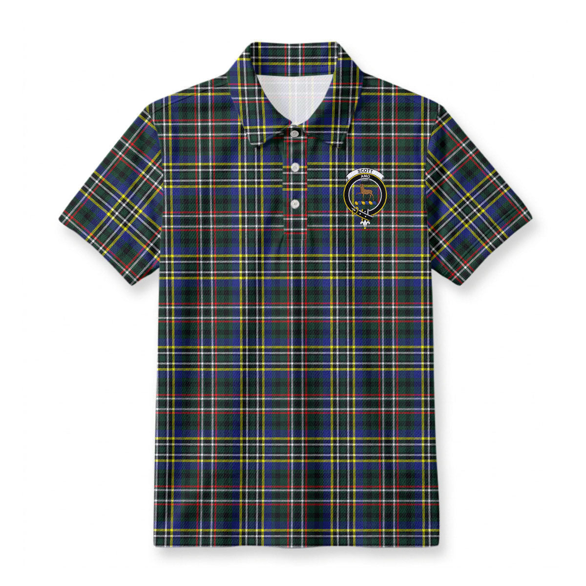 Scott Green Modern Tartan Crest Birdseye Mesh Polo Shirt