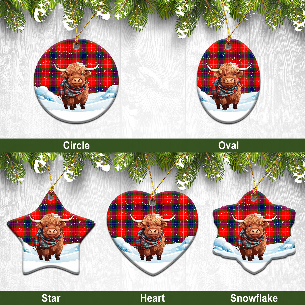 Abernathy Tartan Christmas Ceramic Ornament - Highland Cows Snow Style