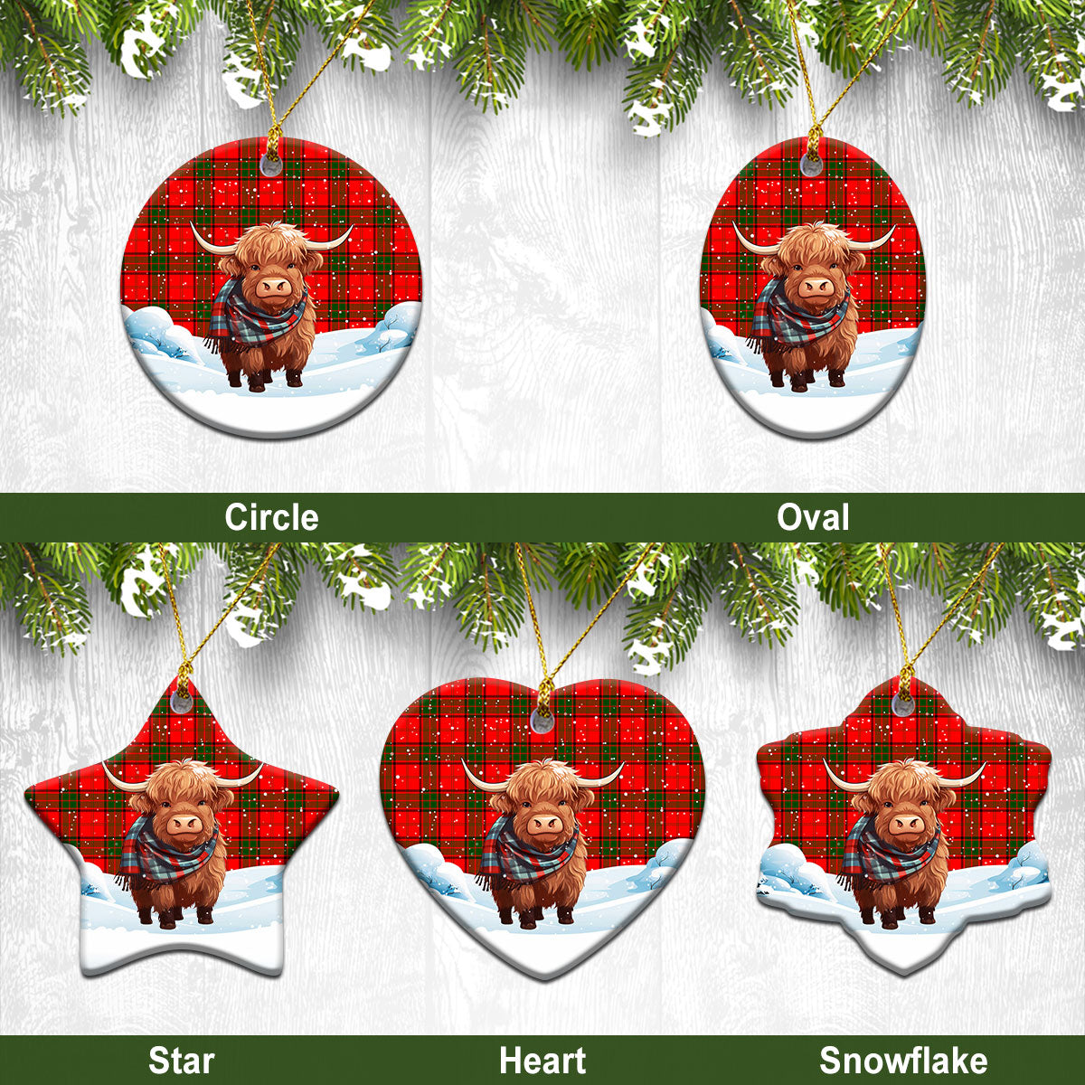 Adair Modern Tartan Christmas Ceramic Ornament - Highland Cows Snow Style