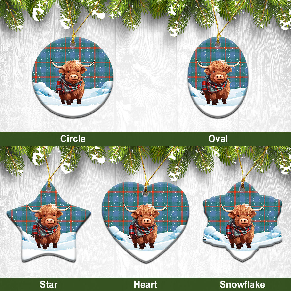 Agnew Ancient Tartan Christmas Ceramic Ornament - Highland Cows Snow Style