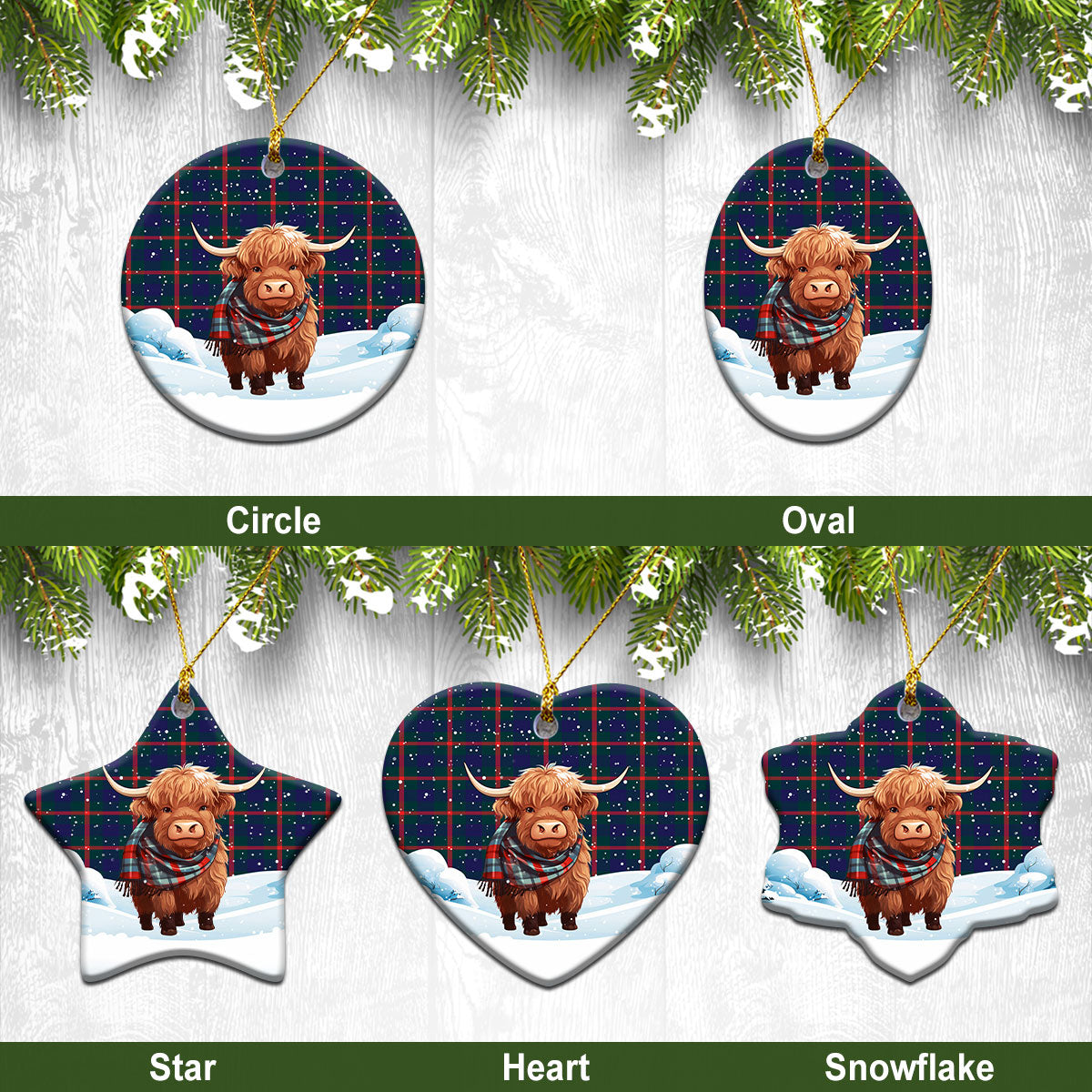 Agnew Modern Tartan Christmas Ceramic Ornament - Highland Cows Snow Style