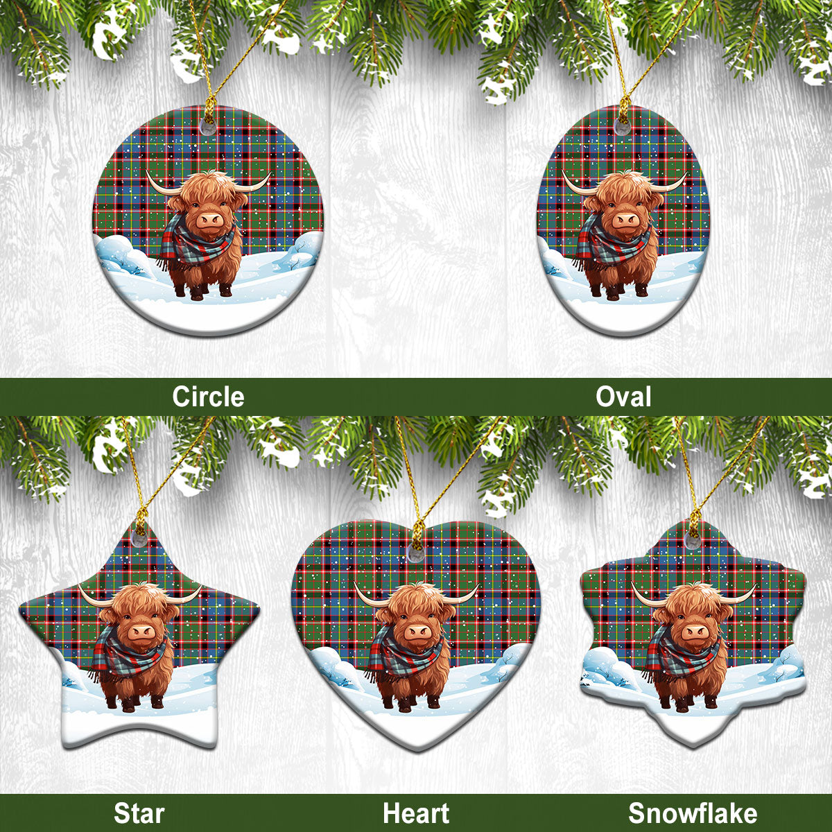 Aikenhead Tartan Christmas Ceramic Ornament - Highland Cows Snow Style