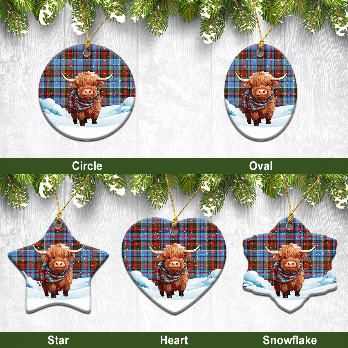 Anderson Modern Tartan Christmas Ceramic Ornament - Highland Cows Snow Style