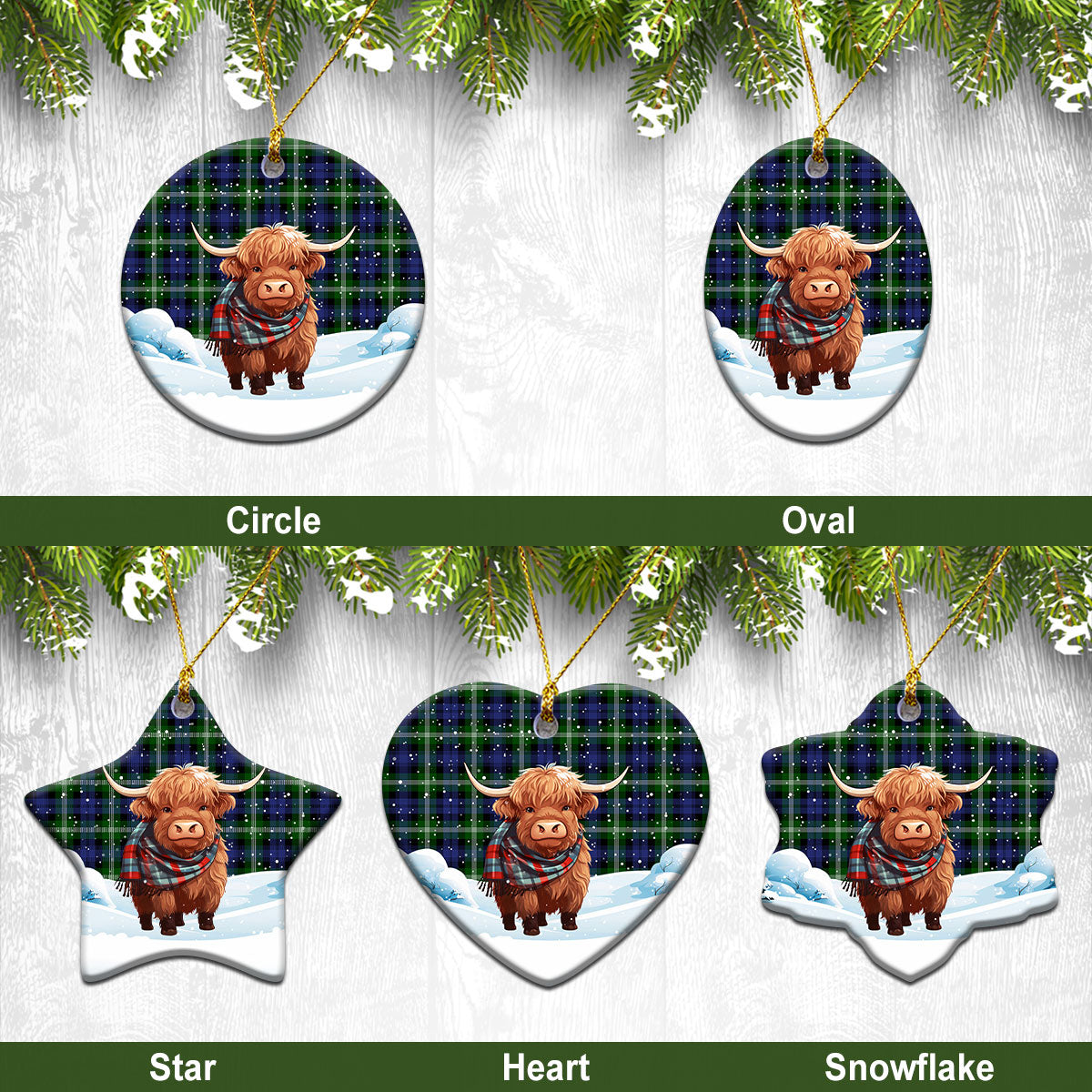 Baillie Modern Tartan Christmas Ceramic Ornament - Highland Cows Snow Style