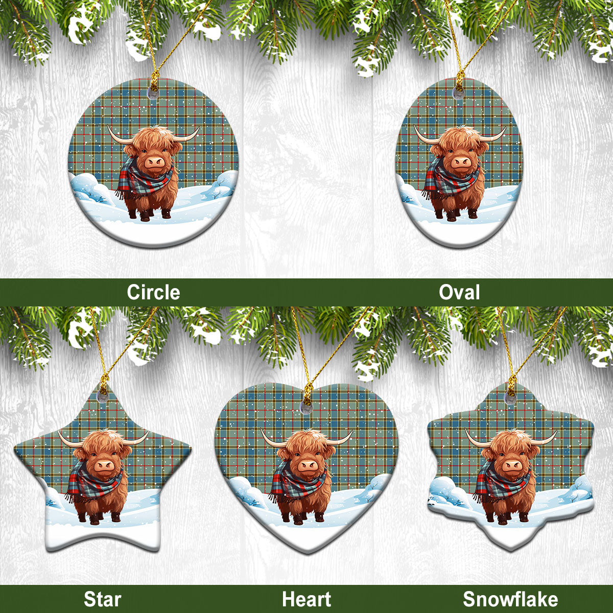 Balfour Blue Tartan Christmas Ceramic Ornament - Highland Cows Snow Style