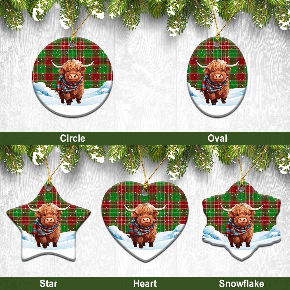 Baxter Modern Tartan Christmas Ceramic Ornament - Highland Cows Snow Style