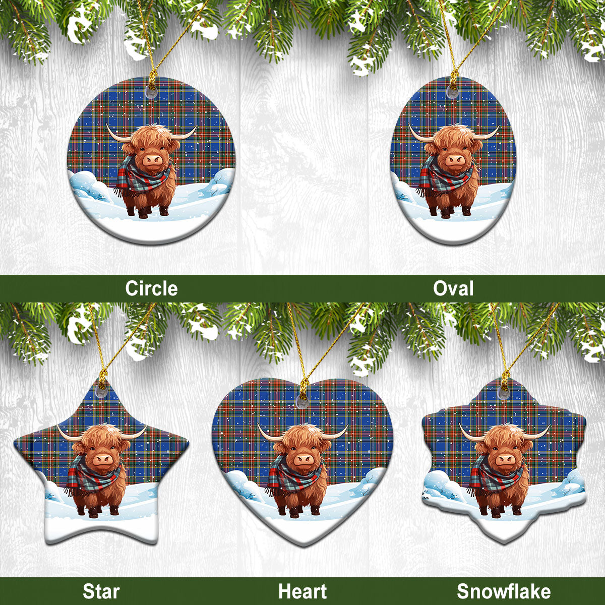 Bethune Ancient Tartan Christmas Ceramic Ornament - Highland Cows Snow Style