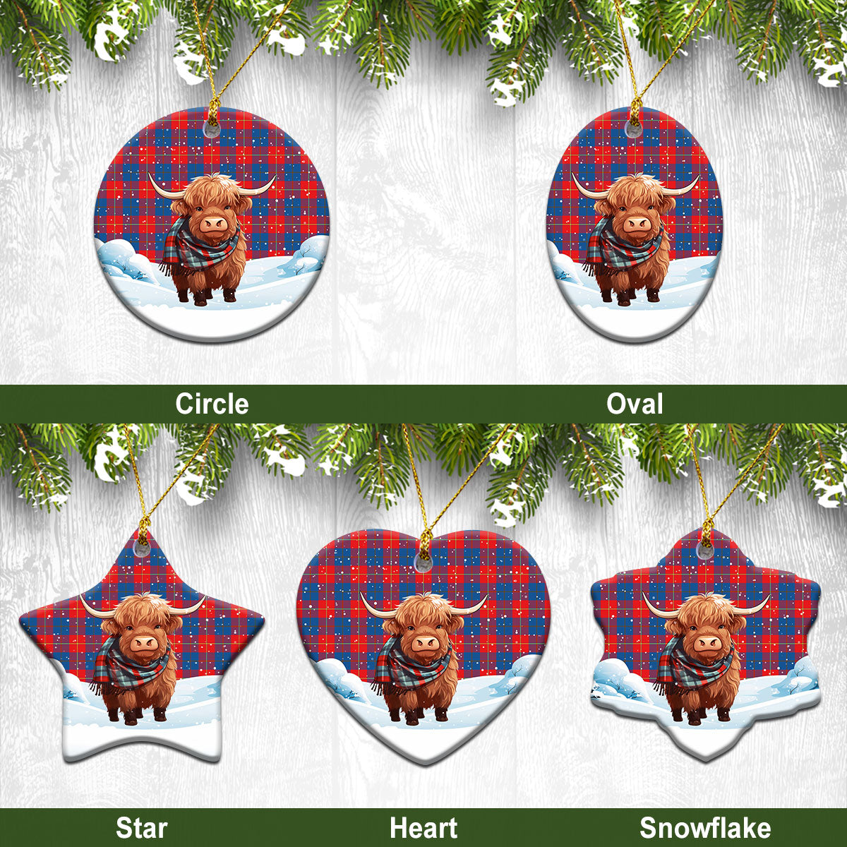 Blane Tartan Christmas Ceramic Ornament - Highland Cows Snow Style