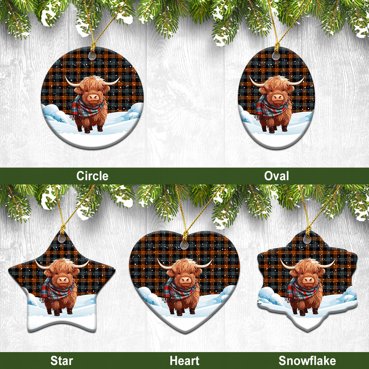 Broun Ancient Tartan Christmas Ceramic Ornament - Highland Cows Snow Style