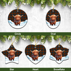 Broun Ancient Tartan Christmas Ceramic Ornament - Highland Cows Snow Style