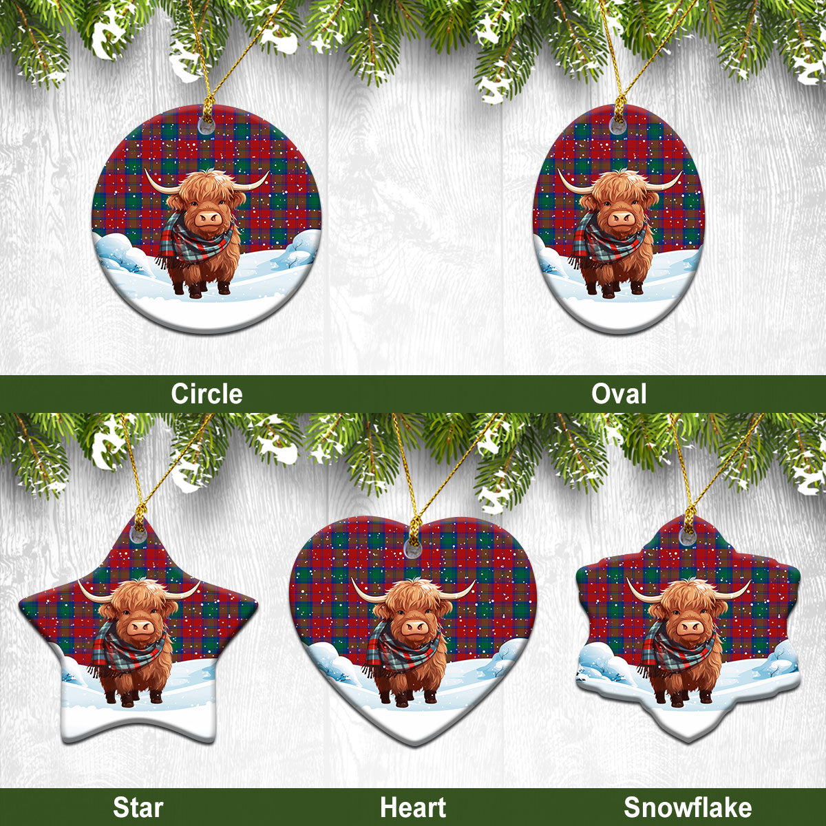 Byres Tartan Christmas Ceramic Ornament - Highland Cows Snow Style