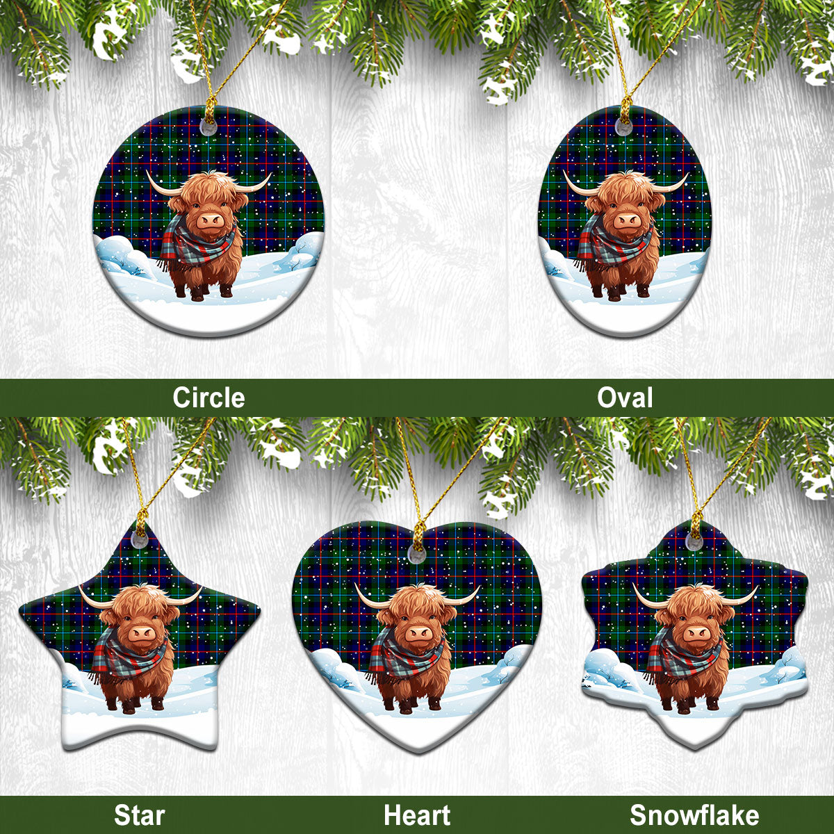 Calder (Calder-Campbell) Tartan Christmas Ceramic Ornament - Highland Cows Snow Style