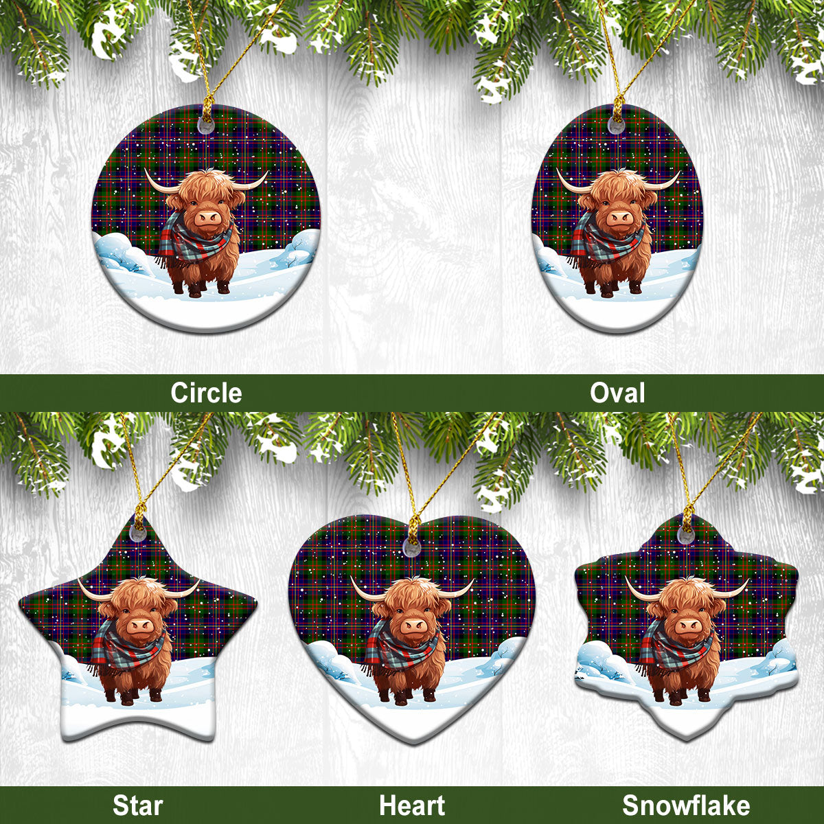 Cameron of Erracht Modern Tartan Christmas Ceramic Ornament - Highland Cows Snow Style