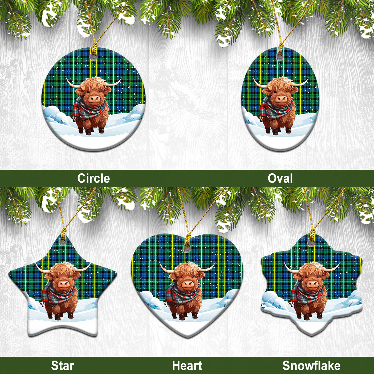 Campbell of Breadalbane Ancient Tartan Christmas Ceramic Ornament - Highland Cows Snow Style