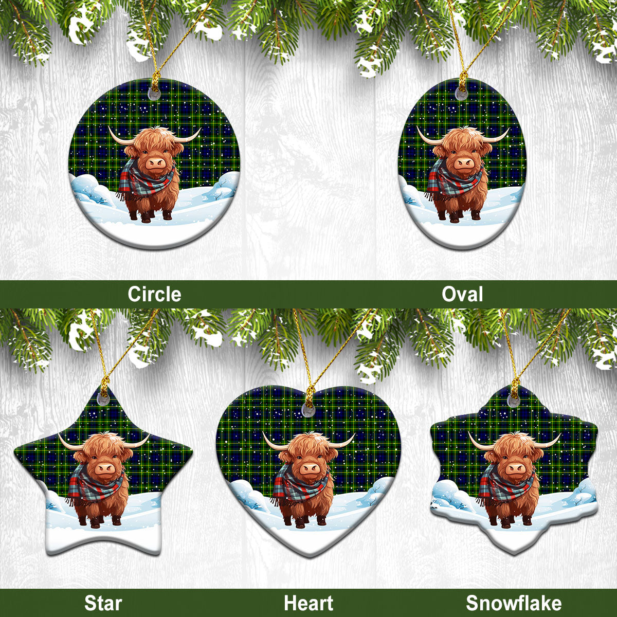 Campbell of Breadalbane Modern Tartan Christmas Ceramic Ornament - Highland Cows Snow Style