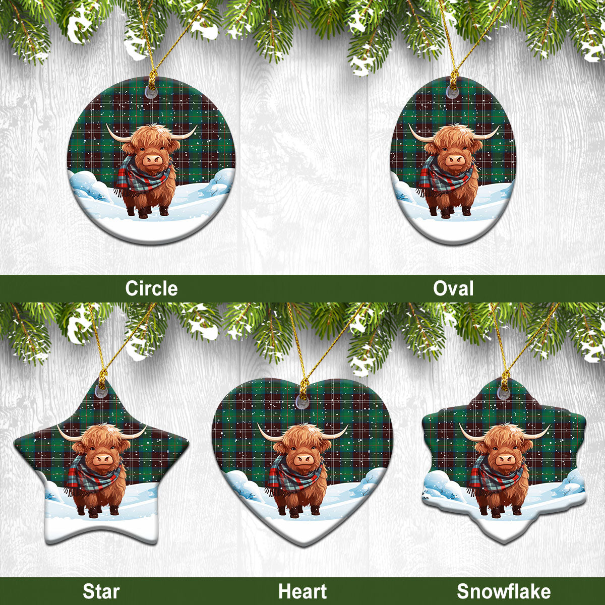 Chisholm Hunting Ancient Tartan Christmas Ceramic Ornament - Highland Cows Snow Style