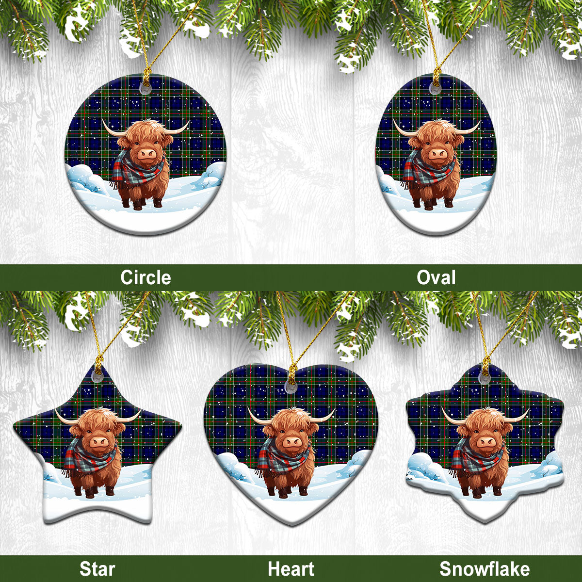 Colquhoun Modern Tartan Christmas Ceramic Ornament - Highland Cows Snow Style