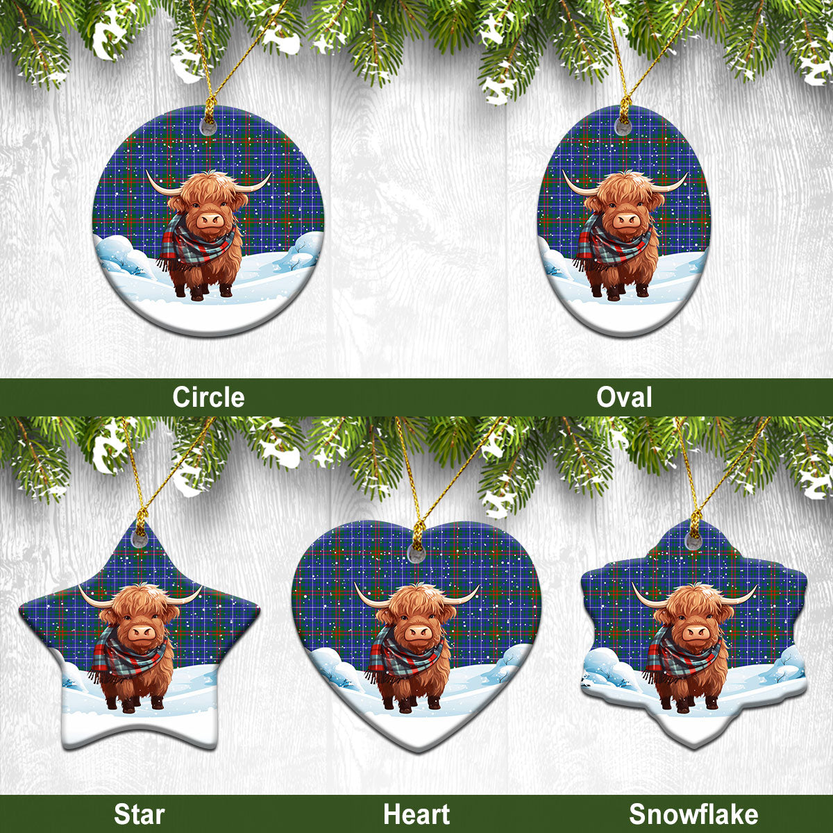 Edmonstone Tartan Christmas Ceramic Ornament - Highland Cows Snow Style