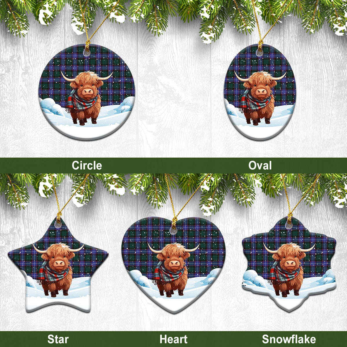 Hunter Modern Tartan Christmas Ceramic Ornament - Highland Cows Snow Style