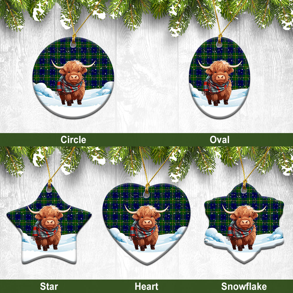 Johnston Modern Tartan Christmas Ceramic Ornament - Highland Cows Snow Style