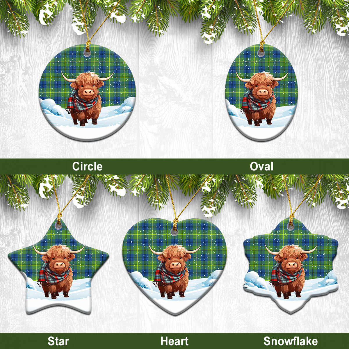 Johnstone Ancient Tartan Christmas Ceramic Ornament - Highland Cows Snow Style