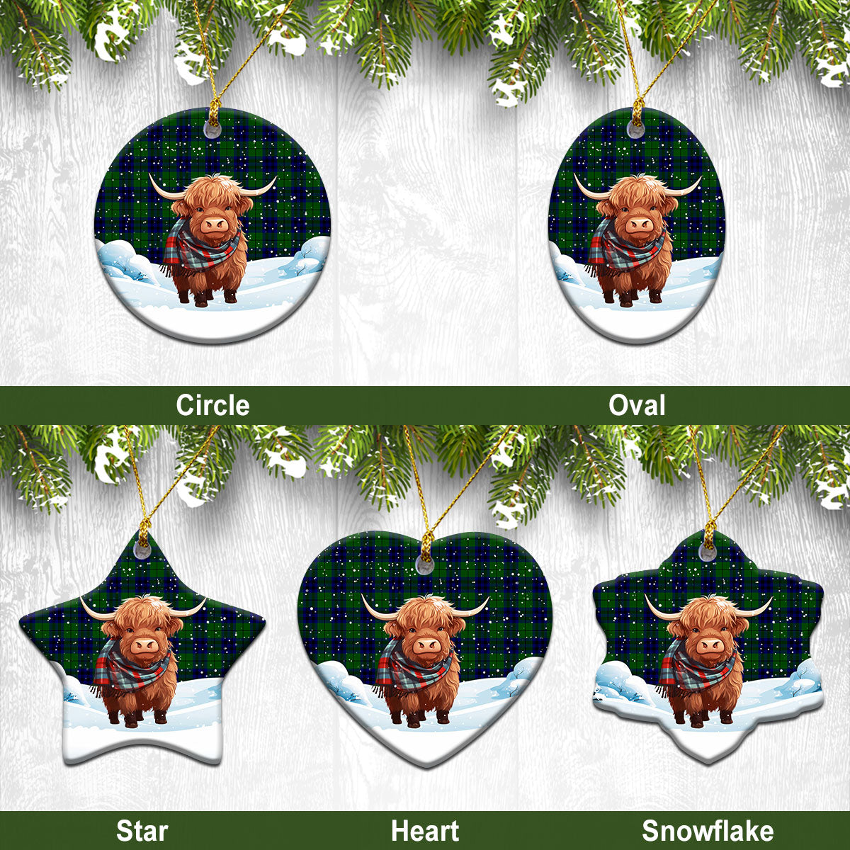 Keith Modern Tartan Christmas Ceramic Ornament - Highland Cows Snow Style