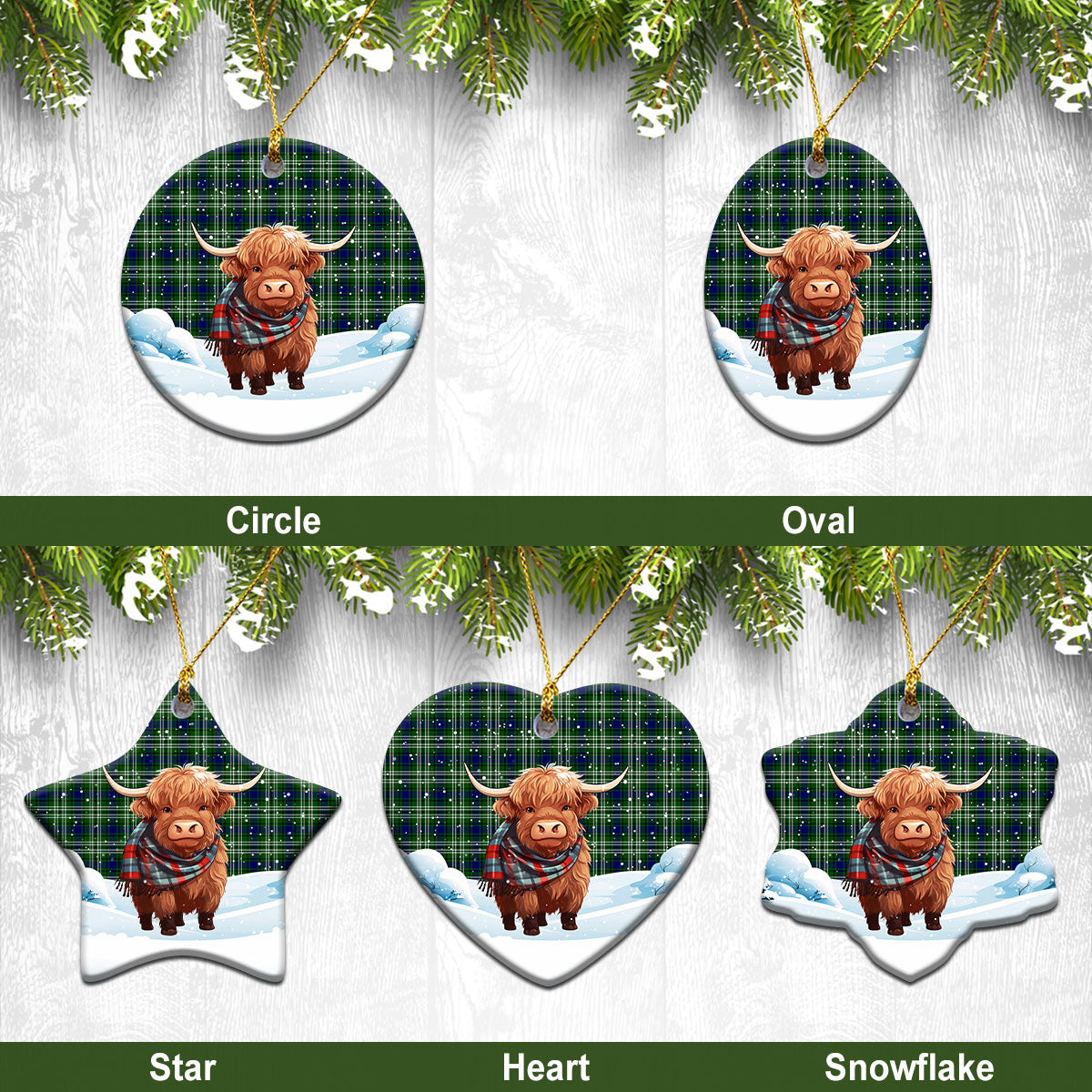 Learmonth Tartan Christmas Ceramic Ornament - Highland Cows Snow Style