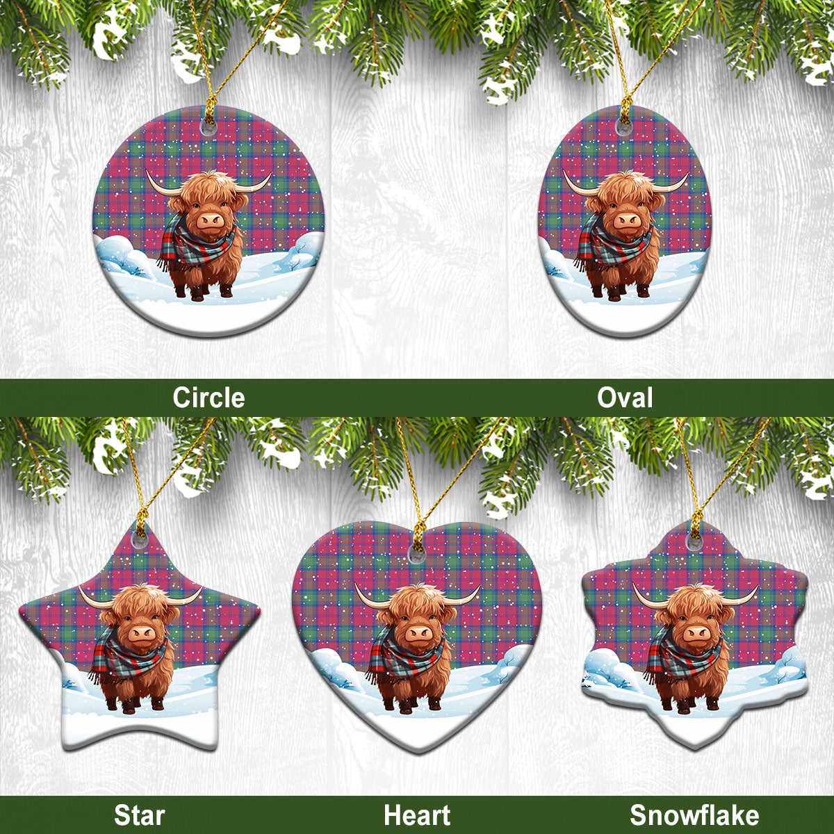 Lindsay Ancient Tartan Christmas Ceramic Ornament - Highland Cows Snow Style